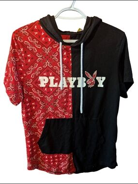 PLAYBOY Red Bandana & Black Short-Sleeve Hooded Tee Y2k